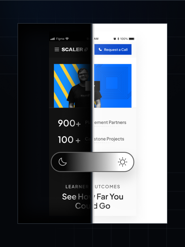 Side-by-side comparison of Scaler v2 hero section in dark and light themes demonstrating responsive design adaptability. Both versions feature 'Become Top 1% in Tech' headline with key stats (900+ Placement Partners, 100+ Capstone Projects, 15K+ Careers Transformed) and instructor image. Left shows dark theme with blue accent card asking 'Not sure which course to choose?' featuring confused avatar icon, student metrics (1689 crores, 80/200 scores, 27.3 points), and progress bars showing PSP 40% and Attendance 80%. Right displays light theme with matching elements. Pink 'BOOK A LIVE CLASS' CTA button and 'EXPLORE PROGRAMS' secondary button remain consistent across themes. This dual-theme approach with the Vector Design System's flexibility supported the 81% desktop conversion improvement.