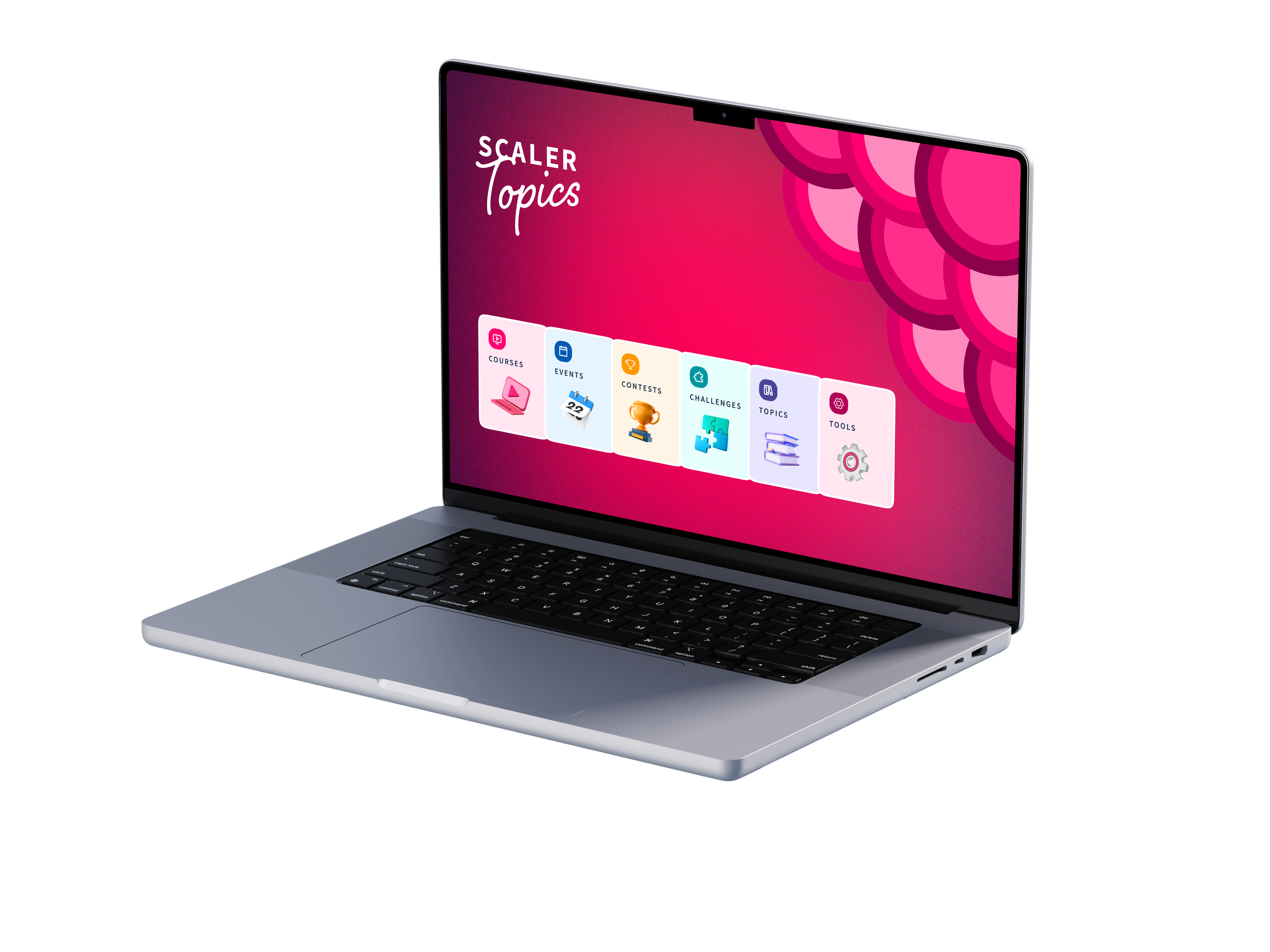 MacBook Pro displaying Scaler Topics homepage on distinctive pink gradient background with wave pattern overlay. White 'Scaler Topics' wordmark positioned top left in script font. Bottom features horizontal dock with six product category icons: Courses (pink laptop), Events (blue calendar), Contests (orange trophy), Challenges (green puzzle pieces), Topics (purple stack), and Tools (pink gear). The soft pink color scheme and rounded corners demonstrate the 'soft learning' philosophy that differentiated Scaler Topics from traditional developer platforms and helped achieve 2M+ monthly active users.