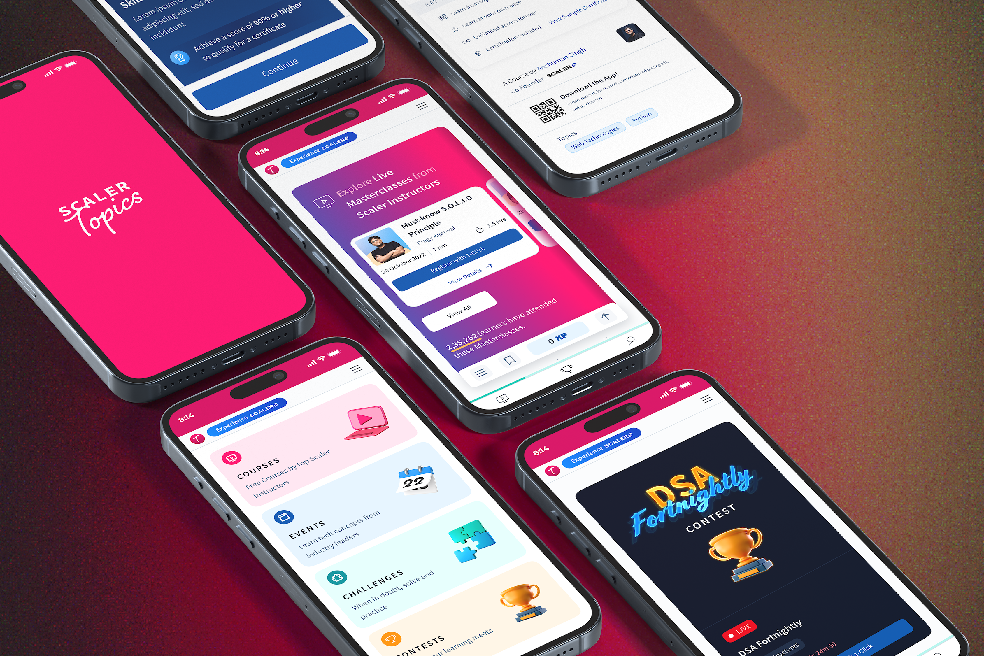 Five iPhone screens displaying the Scaler Topics mobile app interface with distinctive pink and blue branding. Screens showcase the splash screen with 'Scaler Topics' wordmark, course listings featuring masterclasses from industry instructors, learning events section, challenges page, and a DSA contest promotion. The interface demonstrates the 'soft learning' design philosophy with rounded corners, card-based layouts, and the controversial pink color scheme that helped achieve 34% higher engagement.