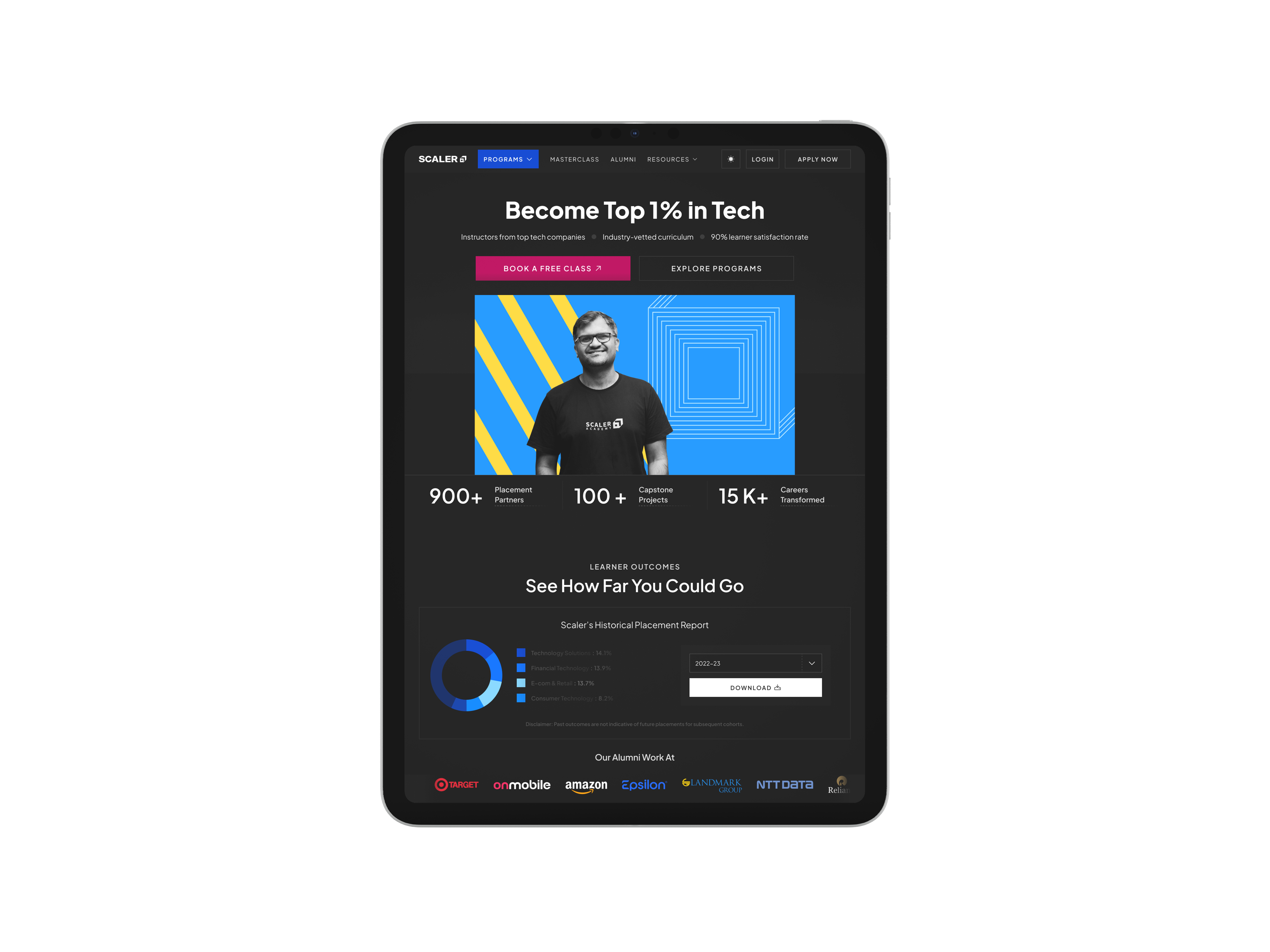 iPad displaying Scaler's redesigned v2 landing page hero section on dark theme. Features 'Become Top 1% in Tech' headline with three trust signals below. Pink 'BOOK A FREE CLASS' primary CTA paired with 'EXPLORE PROGRAMS' secondary button. Blue hero section showcases instructor in Scaler t-shirt against geometric pattern with yellow diagonal stripes. Bottom displays three key metrics: 900+ Placement Partners, 100+ Capstone Projects, 15K+ Careers Transformed. Lower section shows 'See How Far You Could Go' with Historical Placement Report download featuring circular progress visualization and 2022-23 dropdown. This hero redesign with multi-touchpoint conversion strategy achieved 81% desktop conversion improvement and 3× lead generation.